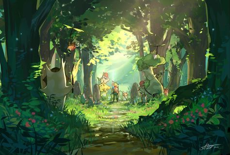 Legend of Zelda Breath of the Wild art > Link in Korok Forest > Hestu > Koroks > botw | d4ggerfish Koroks Botw, Korok Forest, Environment References, Forest Drawing, Forest Aesthetic, Wild Art, Nature Background Images, Zelda Breath Of The Wild, Fantasy Background