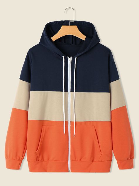 Package Included 1 Jacket Hoodie Sample, Dancing Photoshoot, Wearing Outfits, Plus Size Hoodie, Orange Color Block, Drawstring Jacket, Anime Dancing, Color Block Jacket, Wild Things