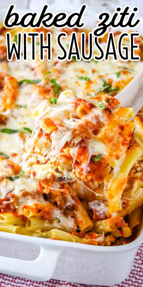 Baked Ziti With Chicken Sausage, Italian Sausage Baked Pasta, Baked Sausage Pasta Recipes, Sausage Ziti Bake, Italian Sausage Ziti Bake, Ziti Lasagna Bake, Italian Sausage Baked Ziti, Bake Ziti With Italian Sausage, Baked Ziti With Sausage And Ricotta