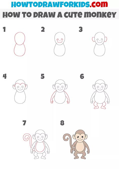 How to Draw a Cute Monkey - Easy Drawing Tutorial For Kids Zoo Drawing Easy, How To Draw A Monkey Easy, Monkey Doodle Easy, Zoo Drawing For Kids Easy, How To Draw Monkey, Monkey Drawing For Kids, Simple Monkey Drawing, Jungle Animals Drawing, Zoo Animal Drawings