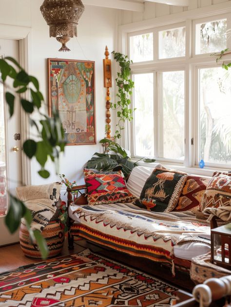 17 Airy Boho Sunroom Designs to Create Your Perfect Relaxation Spot Sedona Decor, Boho Sunroom, Bedroom Guide, Small Sunroom, Eclectic Artwork, Boho Home Inspiration, Rugs Boho, Sunroom Designs, Wallpaper Walls Decor