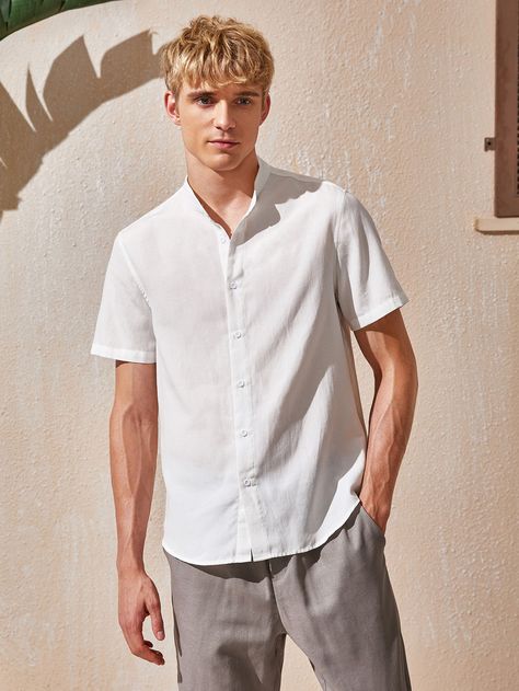 White Casual  Short Sleeve Polyester Plain Shirt  Non-Stretch Summer Men Tops Mens White Shirts, Minimalistic Outfits, Shein Men, Fabric Photography, White Short Sleeve Shirt, Stand Neck, White Shirt Men, Mens Trendy Outfits, Ootd Inspo