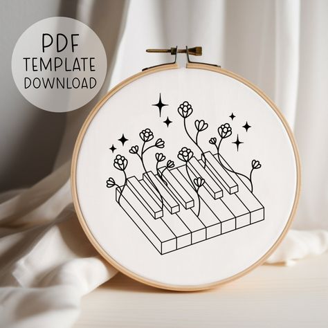 Floral Piano Keys embroidery pattern PDF DOWNLOAD, stitching, DIY quirky modern embroideries wall art music lover pianist Musical Embroidery Designs, Music Embroidery Designs, Piano Embroidery, Quirky Embroidery, Music Embroidery, Stitching Diy, Wall Art Music, Embroidery Wall Art, Pattern Template