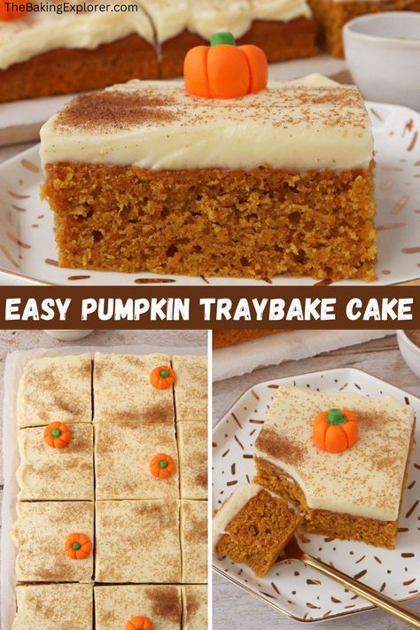 UK recipe for Easy Pumpkin Traybake Cake made with pumpkin puree and autumn spices. Covered in cream cheese frosting. Great for Halloween! #thebakingexplorer #pumpkincake #halloweenbaking #pumpkinspice #traybake Pumpkin Countertop Cake, Traybake Cake, Autumn Spices, Autumn Baking, Frozen Pumpkin, Pumpkin Pie Cheesecake, Uk Food, Tray Bake Recipes, Pumpkin Cake Recipes