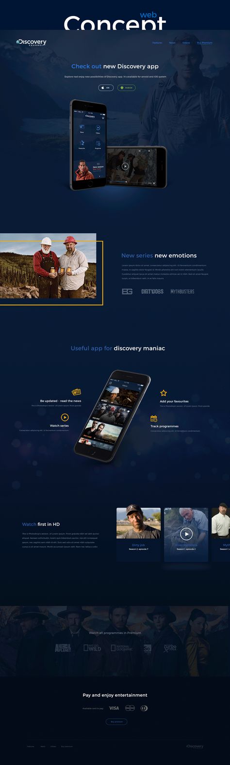 Work consists of concept of Discovery new website linked with new fresh app for mobile devices. Blue Website, Website Concept, App Layout, Fun Website Design, Discovery Channel, Web Layout Design, Web Layout, Blue Logo, Website Design Inspiration