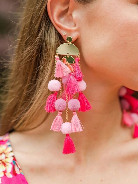 Big Colorful Earrings, Boho Fashion Bohemian, Bold Earrings, Pink Tassel, Colorful Earrings, Pink Earrings, Vacation Beach, Summer Vacation, Summer Fun