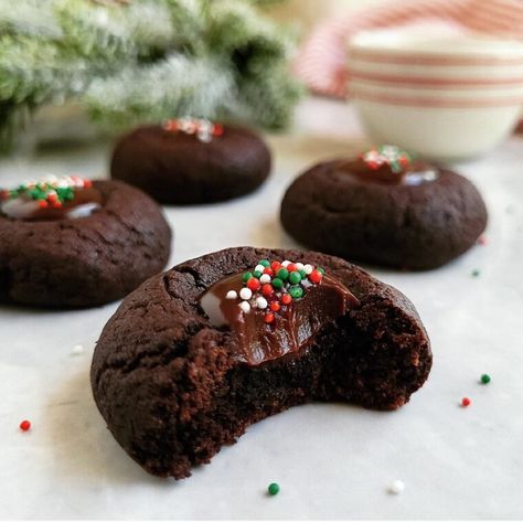 Peppermint Kiss Cookies, Raspberry Thumbprint Cookies, Chocolate Thumbprint Cookies, Thumbprint Cookies Recipe, Dark Chocolate Ganache, Kiss Cookies, Crinkle Cookies, Chocolate Brands, Cookie Tray