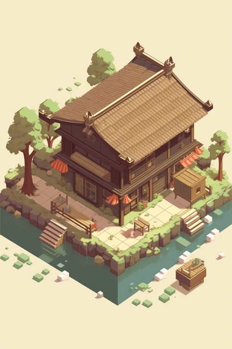 Isometric clean pixel art image traditional japanese house, rpg game, by Otake Chikuha, featured on pixiv, muted colors with minimalism, game art--c 1 --s 80 --ar 2:3 --v 5 Architecture Prompts, Japanese Countryside House, Isometric Architecture, Isometric Island, Structure Building, Japanese Countryside, Japanese Tea House, Traditional Japanese House, 3d Isometric