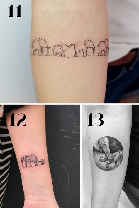 Elephant Tattoo Ideas full of Wisdom & Soul - tattooglee Small Elephant Family Tattoo, Family Elephant Tattoo Ideas, Fine Line Elephant Family Tattoo, Elephant Family Tattoo Design, Family Of Elephants Tattoo, Mom Elephant Tattoo, Elephant Tattoos Small Family, Elephant Tattoos Family, Elephant And Baby Tattoo