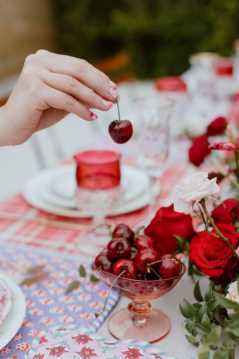 Cherry Dinner Party, Cherry Party Decor, Cherry Tablescape, Valentine Bachelorette Party, Cherry On Top Party, Cherry Party Decorations, Cherry Themed Party, Valentines Engagement Party, Dinner Hosting