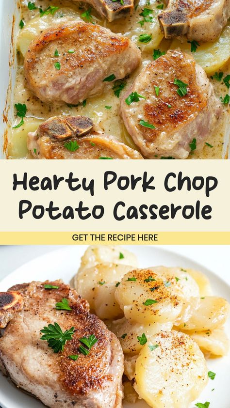 Indulge in a hearty and flavorful pork chop potato casserole that will become a family favorite. This classic dish is perfect for busy weeknights or special gatherings. Tender pork chops layered with thinly sliced potatoes, all smothered in a creamy sauce and baked to perfection. The aromas coming from your kitchen will have everyone eager to dig in! This comforting meal is simple to make and delivers a satisfying taste that everyone will love. Pork Chops And Potatoes Casserole, Pork Chop Potatoes Casserole, Crockpot Scalloped Potatoes And Pork Chops, Creamy Pork Chops And Potatoes Oven, Potato Pork Chop Casserole, Crockpot Pork And Potatoes, Pork Chops Potatoes Bake, Boneless Pork Chop And Potato Recipes, One Pan Pork Chops And Potatoes