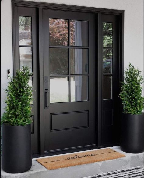 Black Glass Entry Door, Black Modern Front Door Entrance, Black Entryway Door, Exterior Door With Window, Black Front Door With Sidelights, Black Entrance Door, Colonial House Design, Glass Back Door, Black Entry Doors