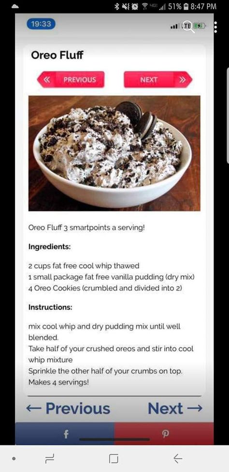 Oreo fluff Healthy Oreo Fluff, Low Calorie Oreo Fluff, Weight Watchers Oreo Fluff, Healthy Oreo Dessert, Oreo Fluff Recipe, Oreo Fluff Dessert, Oreo Ideas, Healthy Dip Recipes, Cheap Healthy Snacks