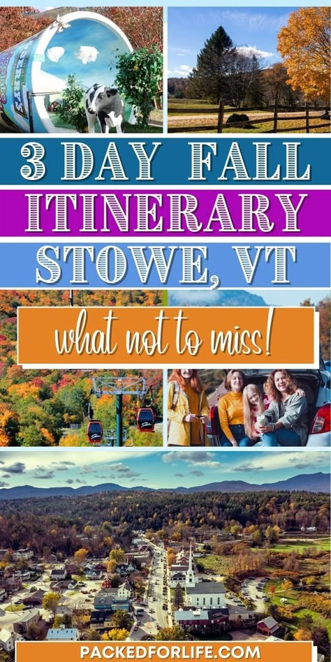 3 Day Fall Itinerary Stowe, VT. What not to miss! aerial view of downtown Stowe, Ben & Jerry's Ice Cream Sculpture, pathway with fall trees, gondolas. Things To Do In Stowe Vermont Fall, 3 Day New England Fall Road Trip, 3 Days In Vermont Fall, Stowe Vermont Itinerary, 5 Day New England Road Trip, New England Fall Foliage Road Trip, New England Road Trip Fall, Vermont Itinerary, Stowe Vermont Fall