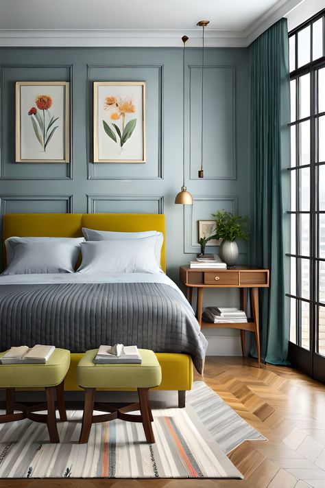 Mustard Upholstered Bed, Yellow Bed Bedroom Ideas, Yellow Bed Bedroom, Yellow Upholstered Bed, Yellow Bed Ideas, Grey And Mustard Bedroom Ideas, Yellow Headboard Bedroom Ideas, Yellow Bedding Ideas Bedroom, Mustard Yellow Bedroom Walls