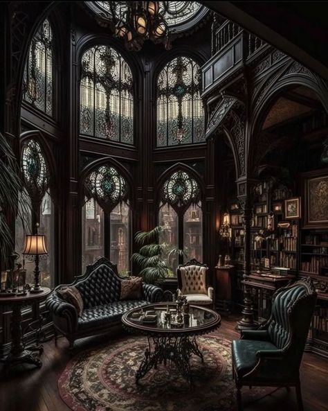 Gothic Manor Living Room, Goth Library Aesthetic, Gothic Penthouse, Grunge House, Dark Cottagecore House, Academia House, Gothic Office, Goth Architecture, Gothic Style Architecture