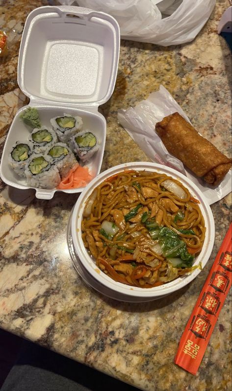 Chinese takeout of sushi, lo mein and an egg roll on a kitchen counter Take Out Aesthetic Food, Lo Mein Aesthetic, Asian Takeout Aesthetic, Egg Rolls Aesthetic, Chinese Food Aethstetic Take Out, Egg Roll Aesthetic, Chinese Dinner Aesthetic, Sushi Takeout Aesthetic, Chinese Noodles Aesthetic