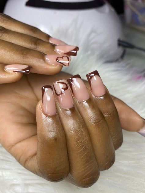 Short Nails Ideas Thanksgiving, Nail Ideas Thanksgiving Colors, Brown French Tips With Hearts, Brown French Tip Nails Design, Fall Short French Nails, Fall Style Nails Short, Gel Nail Designs Simple Short, Fall Nails Pink And Brown, Fall Square Short Nails