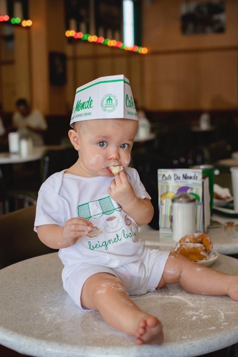 Cafe du Monde photo shoot Cafe Du Monde Photoshoot, Cafe Two Monde Party, Vintage Coffee Shops, Beignets, Vintage Coffee, Baby Photoshoot, Baby Pictures, Baby Photos, 2nd Birthday