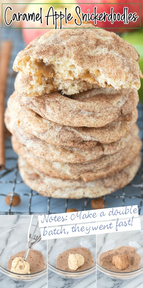 Caramel apple snickerdoodles - a fall twist on snickerdoodle cookies! These actually taste like caramel apple and remind me of those green caramel apple suckers! #cookies #snickerdoodles #caramelapplesnickerdoodles Grilling Recipes Kabobs, Apple Snickerdoodle, Caramel Apple Suckers, Snickerdoodle Cookies Easy, Caramel Apple Cookies, Super Bowl Food Healthy, Homemade Snickers, Cake Mixes, Apple Cookies