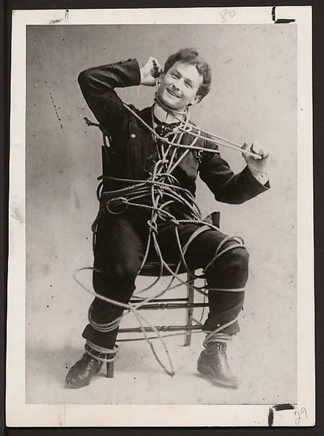 ...photo of a young Houdini escaping from a roped chair... Steampunk Circus, Escape Artist, Harry Houdini, Magic Show, Photo Shop, October 31, Under Water, Vintage Drums, Historical Photos