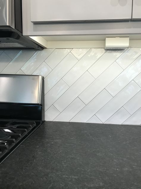 Diagonal tile backsplash Diagonal Tile Backsplash, Diagonal Subway Tile Backsplash, Diagonal Shower Tile Ideas, Angled Subway Tile Backsplash, Horizontal Tile Backsplash, Double Herringbone Backsplash, Porcelain Tile Floor Kitchen, Ceramic Kitchen Tiles, Farmhouse Chic Kitchen