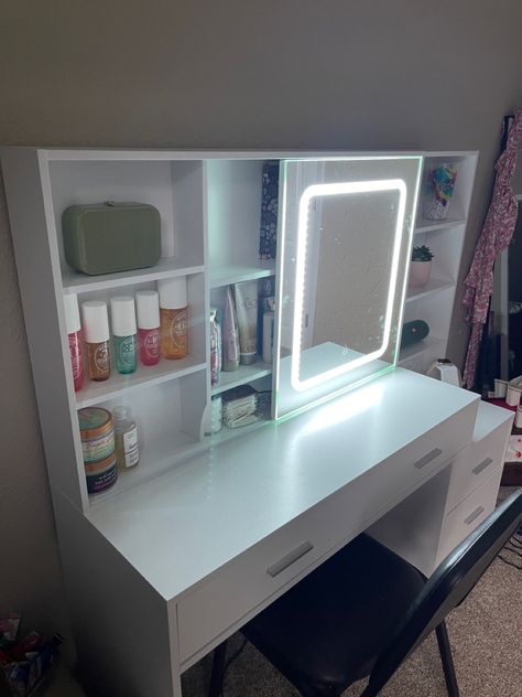 White vanity for teen bedroom Sliding Mirror Vanity, Bedroom Vanity Lighting Ideas, Vanity With Sliding Mirror, Vanity Mirror And Desk, Desks With Mirrors, Vanity Storage Ideas Bedroom, Vanity Ideas Bedroom With Shelves, Desk With Mirror Vanity Ideas, Teen Girl Vanity Ideas