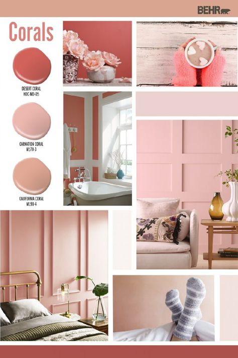 Make a colorful statement with the interior design of your home thanks to these coral paint colors from Behr Paint. Ranging from bright pink hues to light blush tones, these colors are a fun way to liven up any room. Click below to discover the perfect shade for your next DIY home makeover project. California Coral Behr Paint, Coral Bedroom Walls, Coral Wall Color, Coral Paint Colors, Coral Paint, Color Spotlight, Birth Colors, Pink Paint Colors, Behr Colors