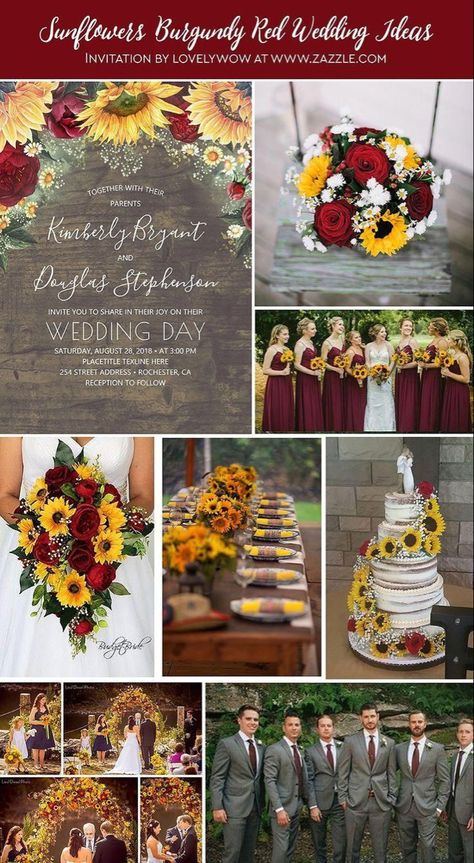 Sunflowers And Red Roses, Burgundy Red Wedding, Sunflower Themed Wedding, Wedding Color Combos, Wedding Altars, Fall Wedding Invitations, Fall Wedding Colors, Sunflower Wedding, Wooden Wedding