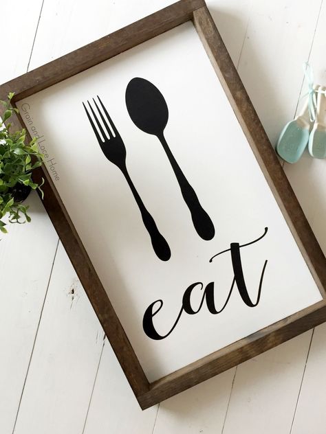 20+ Eat Sign For Kitchen #HomeDecor #DecorTips #InteriorDesign #HomeInspiration #HomeStyle #HouseGoals #HomeIdeas #DecorInspiration #HomeDecorating #InteriorInspo Kitchen Decor Frames, Eat Kitchen Sign, Farmhouse Kitchen Signs, Eat Sign, Country Kitchen Cabinets, Kitchen Decor Apartment, Kitchen Decor Wall Art, Dark Walnut Stain, White Modern Kitchen