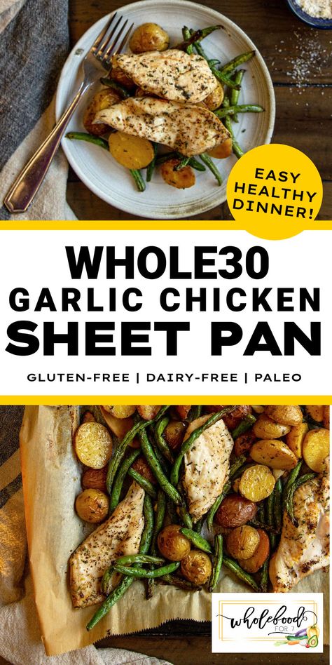 Whole30 Garlic Chicken Sheet Pan Chicken Sheet Pan Recipe, Chicken Sheet Pan, Sheet Pan Meals Chicken, Pan Recipe, Pan Dinners, Dairy Free Eggs, Whole30 Recipes, Sheet Pan Dinners, Chicken Dishes Recipes