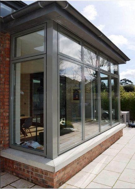 RAL 7023 CONCRETE GREY WINDOWS Window Colours Ideas, Windows Aluminium, Orangery Extension, Conservatory Windows, Garden Room Extensions, Grey Windows, Room Extensions, Glass Extension, Bay Windows