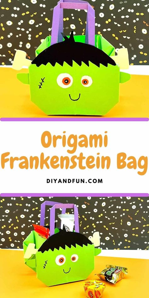 How to Make a Origami Frankenstein Bag, Step by Step instructions with video for making a homemade Frankenstein inspired origami craft. Frankenstein Diy Crafts, Frankenstein Goodie Bags, Frankenstein Head Diy, Shape Frankenstein Craft, Frankenstein Bag Pattern, Halloween Origami, Origami Bag, Diy Posts, Halloween Toys