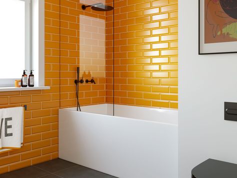 Orange Bathroom Tiles, Bathroom Wall Design Ideas, Small Funky Bathroom Ideas, Yellow Tile Bathroom Ideas, Orange Bathroom Ideas, Bathroom Wall Design, Orange Bathroom Walls, Metro Tiles Bathroom, 1950s Interior Design