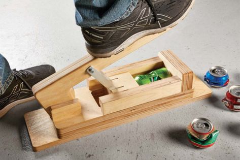 Diy Can Crusher How To Make, Can Crusher Diy, Wood Can Crusher, Wood Craft With Tools Childeren, Can Crushers, Can Crusher, Diy Shop, Recycle Cans, Diy Farmhouse Table