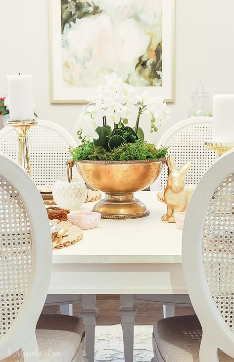 Easy Orchid Centerpiece & Easter Tablescape | 11 Magnolia Lane Moss Dining Table Centerpiece, Moss Centerpieces Dining Room, Orchid Centerpiece Dining Room, Orchid Center Piece, Orchid Table Centerpiece, Bowl Centerpiece Ideas, Bed Showroom, Dining Room Table Centerpiece Ideas, Orchid Centerpiece