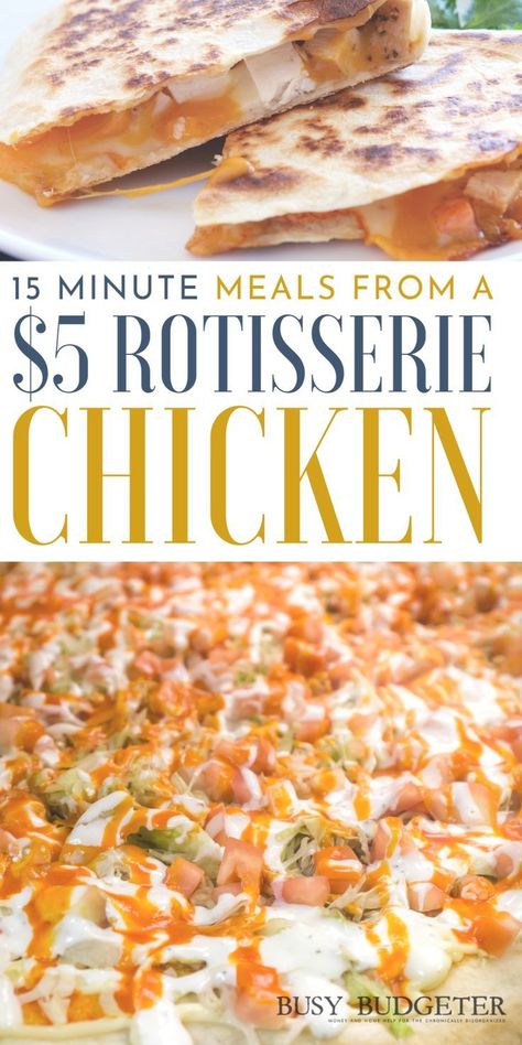 These easy cheap and relatively healthy chicken dinner recipes use a cheap $5 precooked rotisserie chicken (hint: We get them half off at Walmart for $2.50 sometimes!) to make a bunch of easy meal ideas. We usually get two meals out of one chicken for our family of 4 (2 grade school kids).  If you just need a quick list of rotisserie chicken recipes to use leftovers then this is what you need. #rostisseriechicken #easydinners #chickenrecipes Quick Walmart Dinner, Easy Dinner Using Rotisserie Chicken, Easy Walmart Dinner, Walmart Meals Recipes, Walmart Rotisserie Chicken Recipe, Rotiserrie Chicken Recipe, $5 Meals, Cheap Walmart Dinners, Rotisserie Ideas