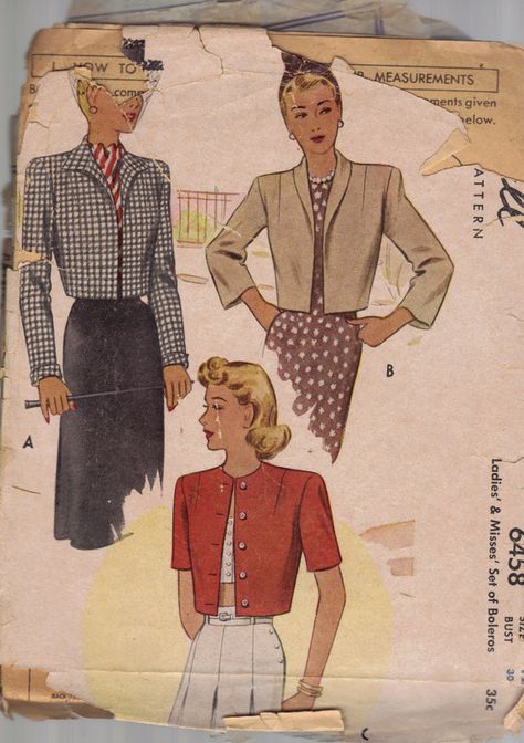 Vintage 1940s Womens Bolero Jacket Set Sewing Patterns McCalls 6458 Size 12. Pattern is complete and cut, envelope is tattered and rough. Bolero Pattern, Jacket Pattern Sewing, Vintage Dress Patterns, Bolero Jacket, Womens Sewing Patterns, Couture Vintage, Mccalls Patterns, Sewing Pattern Sizes, Jacket Pattern