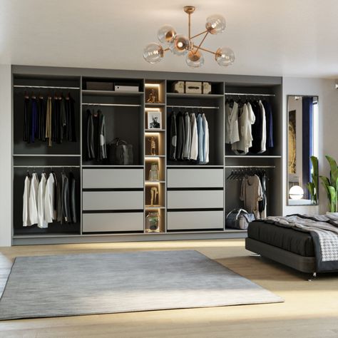 Open Shelf Wardrobe Design, Built In Bedroom Drawers Ideas, Grey Walk In Wardrobe, His And Her Wardrobe Ideas, Fitted Wardrobe Layout Ideas, Built In Open Wardrobe Ideas, Wardrobe Divisions, Built In Open Wardrobe, Shelves For Walk In Closet