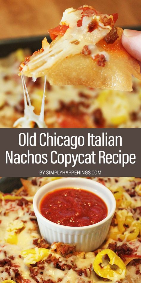 Old Chicago Italian Nachos Copycat Recipe: Italian nachos with pepper rings, Italian sausage crumbles, pepperoni, mozzarella cheese, and crispy fried wonton chips served with marinara dipping sauce. Fried Wonton Chips, Italian Nachos Recipe, Nacho Salat, Italian Nachos, Marinara Dipping Sauce, Fried Wonton, Pepper Rings, Wonton Chips, Nachos Recipe Easy