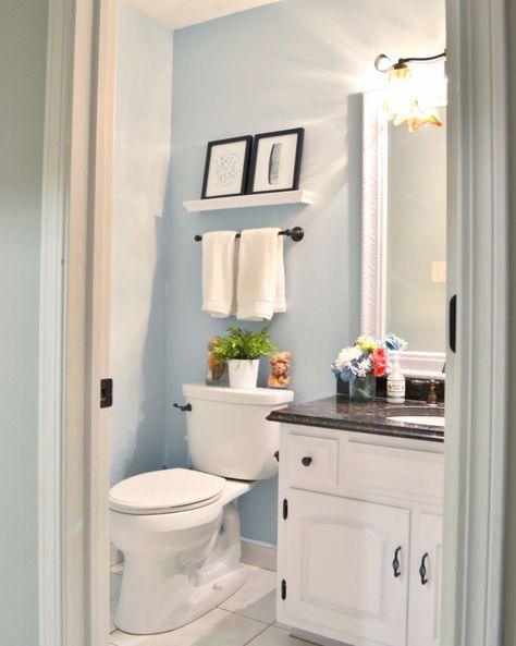 Powder Room Update Powder Room Accessories, Powder Room Update, Blue Powder Room, Farmhouse Bathroom Remodel Ideas, Farmhouse Powder Room, Powder Room Paint, Sleepy Blue, Tiny Powder Rooms, Tiny Powder Room