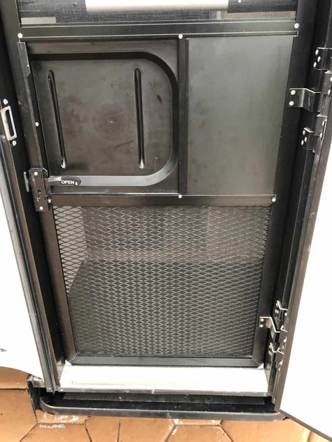 Screened Door Pet Guard - The Handy Camper Rv Dog Hacks, Camper Screen Door Ideas, Travel Trailer Bedding Ideas, Camper Living With Dogs, Dog Rv Ideas, Rv Screen Door Ideas, Dog Camper Ideas, Rv Dog Ideas, Rv Screen Door Makeover