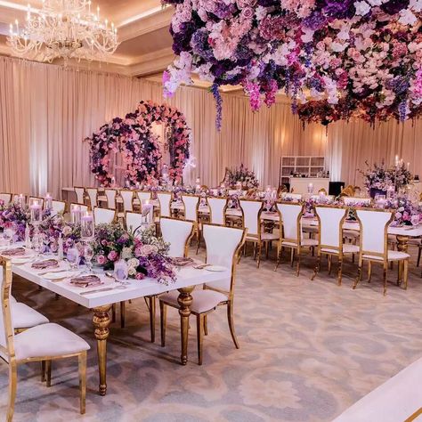 Naturi Naughton, Purple Wedding Tables, White And Gold Decor, Purple Wedding Decorations, Purple And Gold Wedding, Restaurant Chair, Wedding Rental, Pink And White Weddings, Purple Wedding Theme