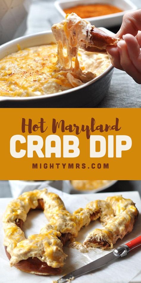 Serve this crab dip as a dip, or spread it right on your soft pretzel before warming it up in the oven. Either way you're in for a treat! Crab Pretzel Recipe, Old Bay Crab Dip, Maryland Crab Dip, Pretzel Nuggets, Hot Crab Dip Recipe, Bread Chips, Crab Dip Recipe, Jumbo Lump Crab, Appetizers Easy Dips