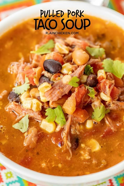 Bbq Pork Soup Recipes, Pulled Pork Taco Soup, Pork Loin Soup, Pork Taco Soup, Ranch Seasoning Chicken, Pulled Pork Soup, Best Taco Soup, Bbq Leftovers, Soup Stovetop