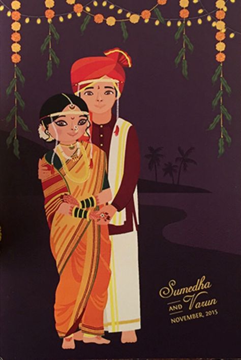 Save the date Wedding Card Indian, Maharashtrian Wedding, Cartoon Wedding Invitations, Wedding Couple Cartoon, Hindu Wedding Invitation Cards, Wedding Card Design Indian, Muslim Wedding Cards, Indian Wedding Invitation Card Design, Illustrated Wedding Invitations