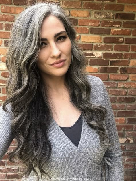 Going Grey Hair Transition, Highlights Over Gray Hair, Going Grey Naturally With Dark Hair, Going Grey Transition Tips Silver Highlights, Grey Transition Hair, Grombre Transition, Gray Transition Hair Highlights, Going Grey Transition Tips, Ponytail Real Hair