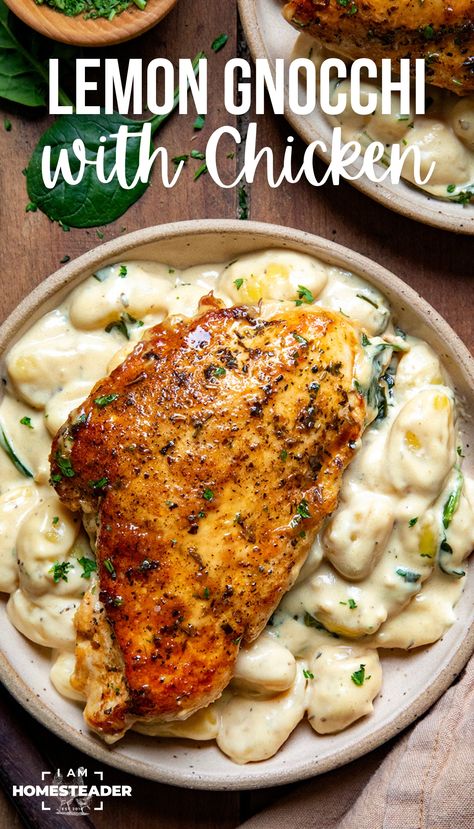 a chicken breast is on a bed of gnocchi on a beige plate on top of a wooden cutting board. Gnocchi And Chicken Recipes, Lemon Gnocchi, Gnocchi With Chicken, Pan Fried Chicken Breast, Food Bites, Chicken Gnocchi, Potato Gnocchi, Seasoned Chicken, Fried Chicken Breast