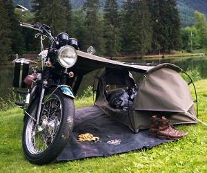 The Goose motorcycle tent is the all-in-one solution for the biker who loves life on the open road. It solves the issue many bikers face while preparing for a long journey by offering shelter for both you and your bike in a compact package that can easily be transported.   Check it out  $405.00   #ThisIsWhyImBroke Leather Motorcycle Helmet, Motorcycle Tent, Urban Camping, Camp Trailers, Ural Motorcycle, Motorcycle Camping Gear, Inflatable Tent, Summer Bike, Bike Trip