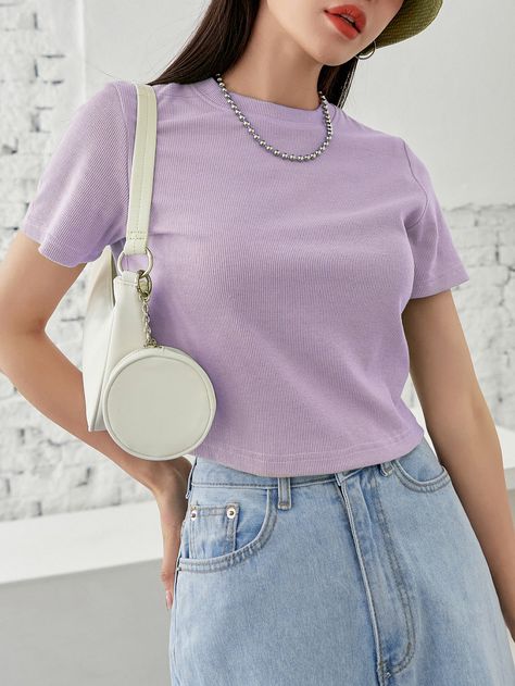 Lilac Purple Casual Collar Short Sleeve Fabric Plain  Embellished Medium Stretch  Women Clothing Purple Top Outfit, Lilac Crop Top, Lilac Blouse, Lilac Top, Purple Crop Top, Color Lila, Purple T Shirts, Easy Trendy Outfits, Purple Shirt